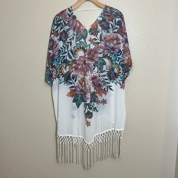 Xhilaration Multicolor Floral Fringe Summer Beach Kimono Coverup - Picture 5 of 9